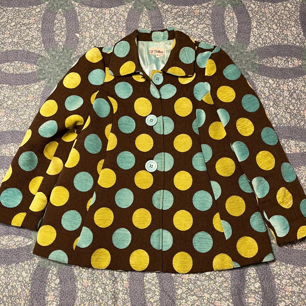 3 Sisters Brown Pea Coat with Yellow and Blue Polka Dots